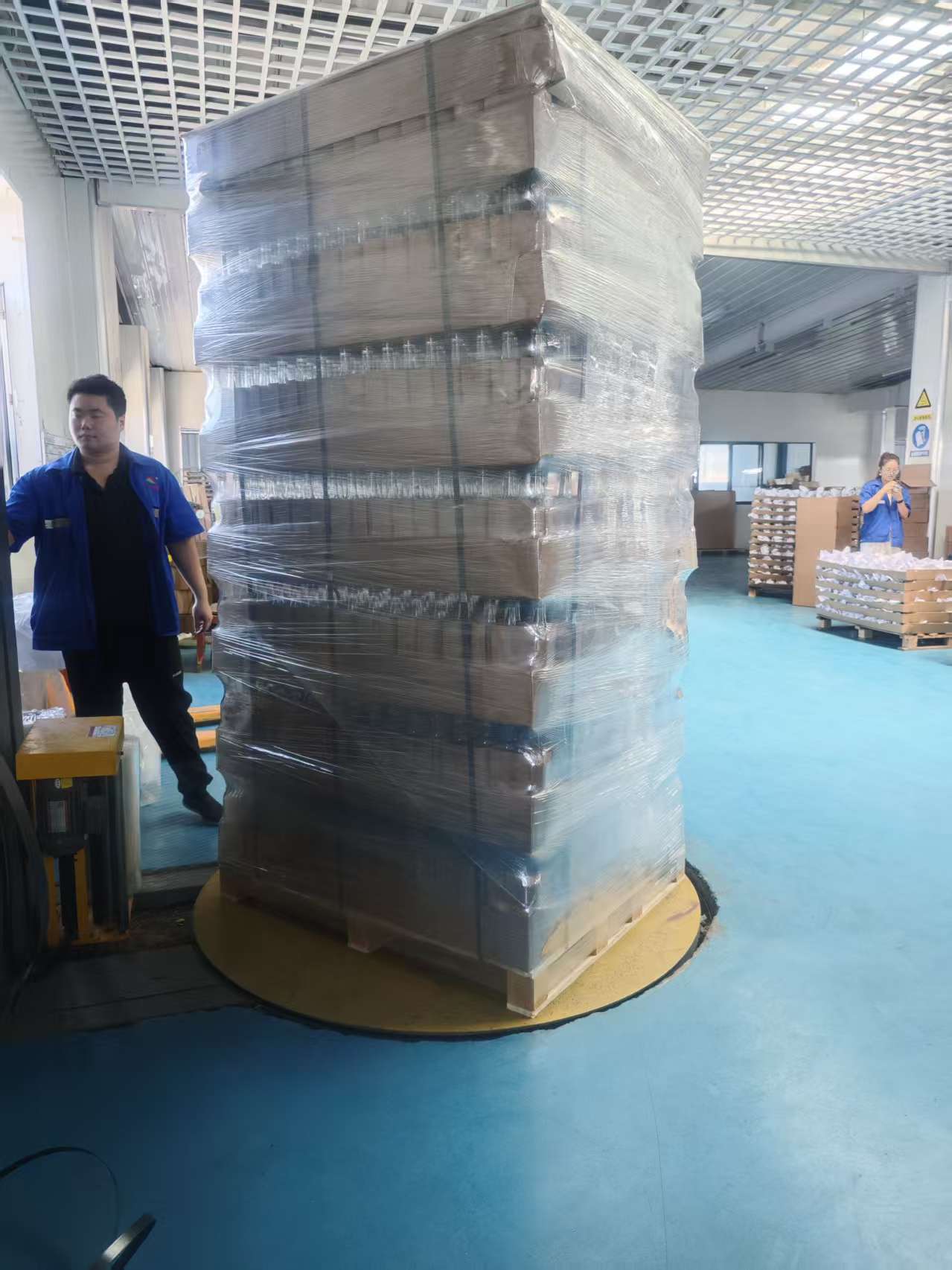 Shrink-wrapped pallet of stacked cardboard boxes inside a factory with workers and additional packages in the background.